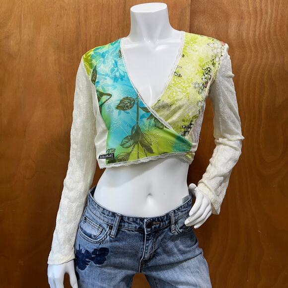 VTG Des Filles à la Vanille Paris Wrap Lace Top Blue Green Floral Sheer Y2K Boho - Picture 1 of 13